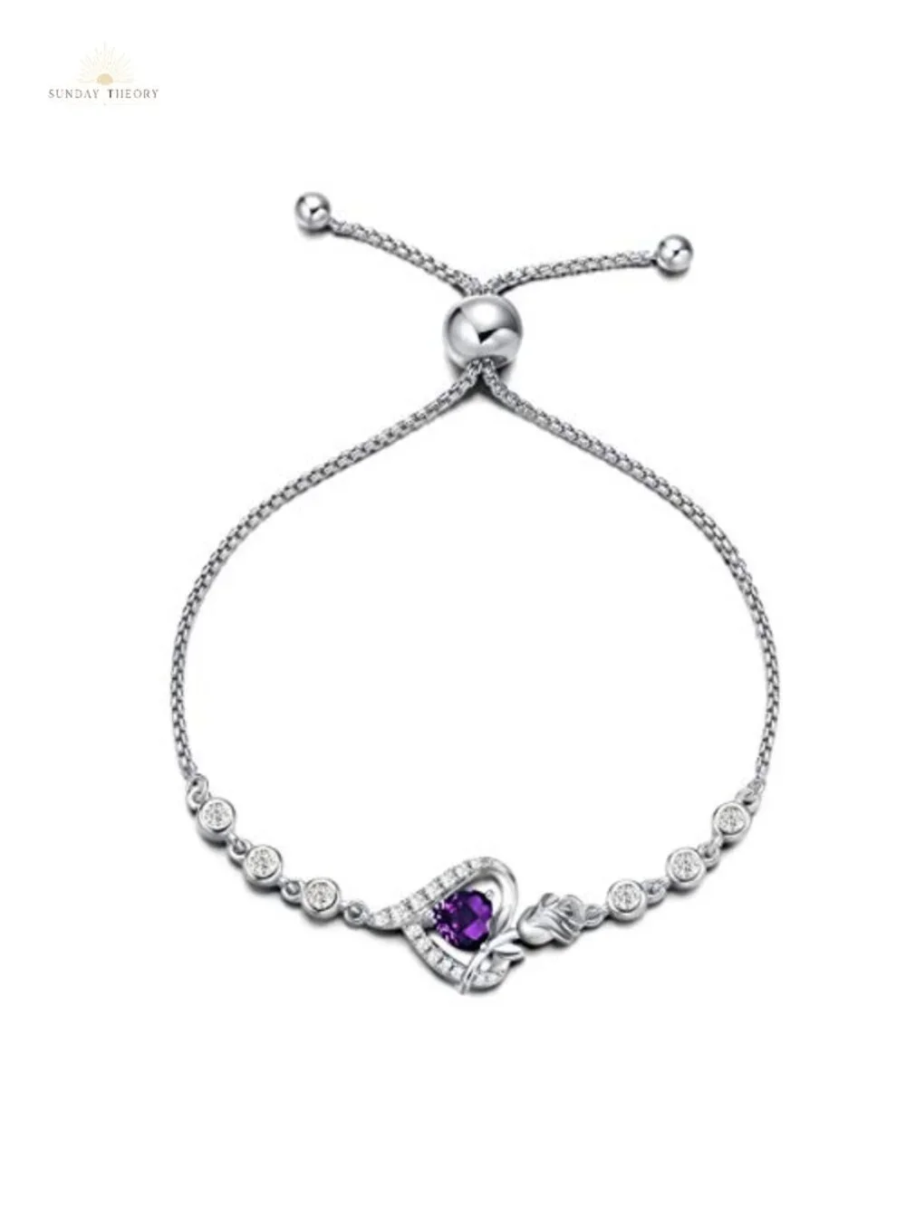 Sterling Silver Birthstone Tennis Bracelet Genuine Amethyst Rose Heart Pendant